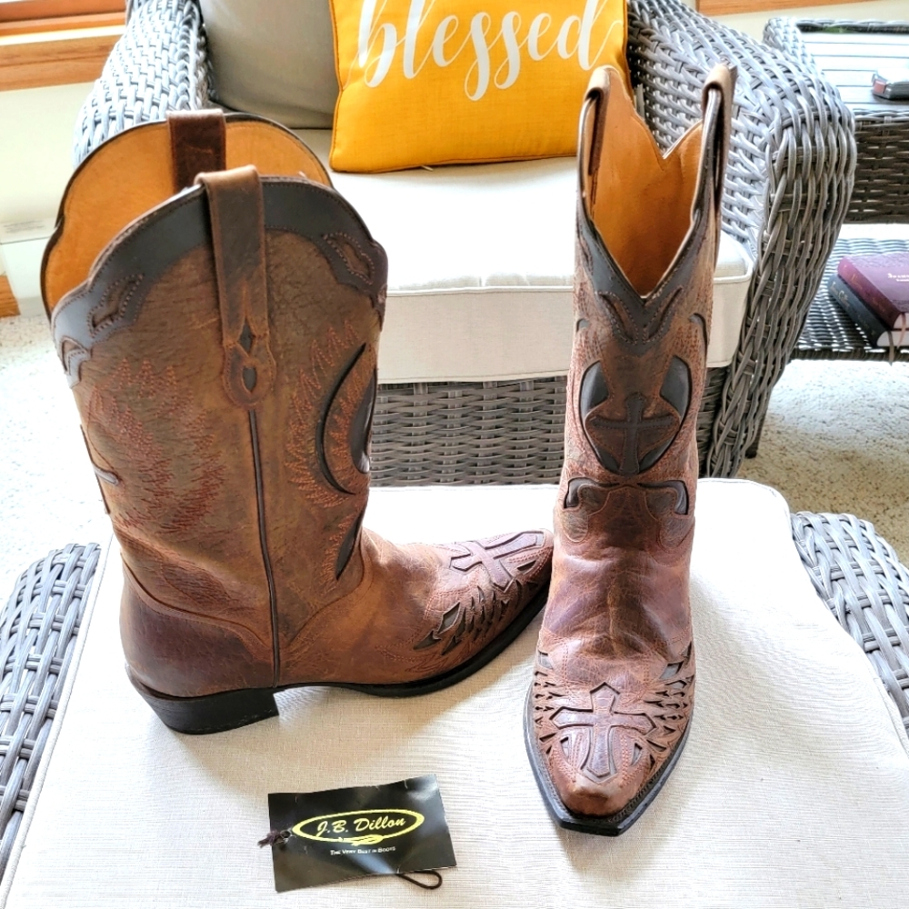 J B Dillon Brown Cross Cowboy Boots - Picture 1 of 11